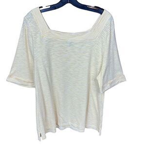 Talbots Top Square Neck Yellow White Stripe Cuffed Short Sleeve Hem Slits XL
